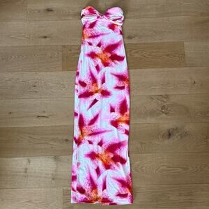 Sunny De Supre Strapless Maxi Floral Lily Dress in White Pink Orange